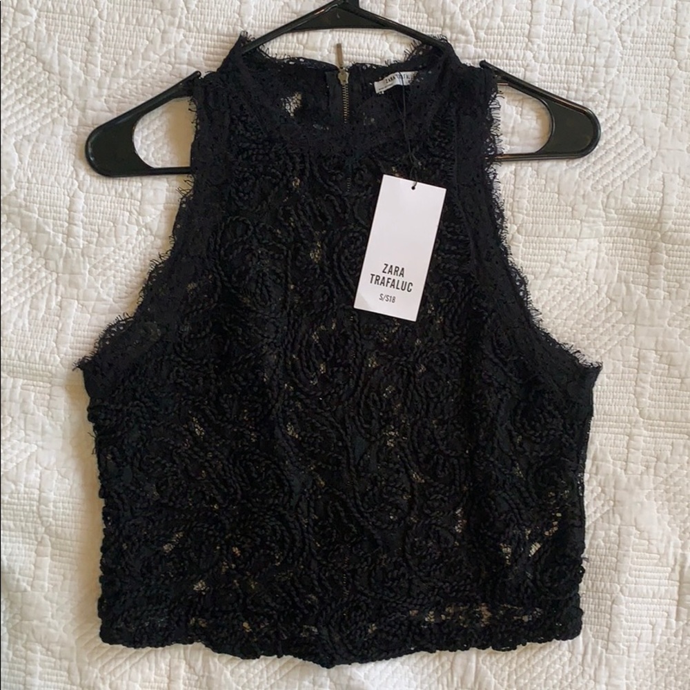 NWT Zara Black Lace Crop Halter Neck Top Small Zip
